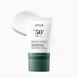 Anua Heartleaf Silky Moisture Mild Sunscreen bottle displayed for daily UV care