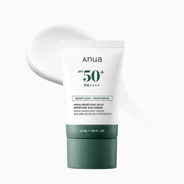 Anua Heartleaf Silky Moisture Mild Sunscreen bottle displayed for daily UV care