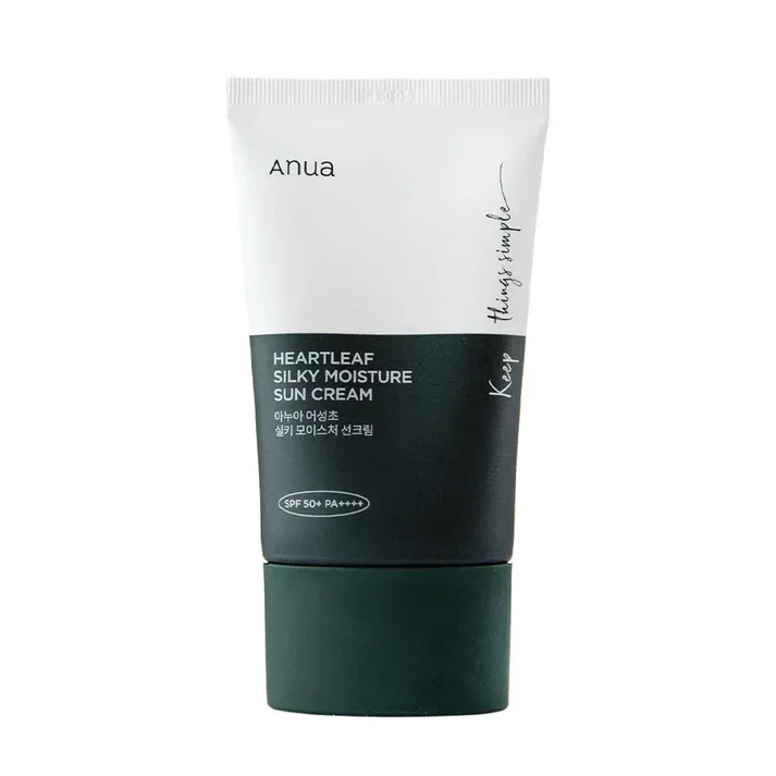 Anua-Heartleaf-Silky-Moisture-Sun-Cream-SPF-50-PA.webp Anua Heartleaf Sun Cream SPF 50+ PA+++ bottle displayed neatly for skincare routines