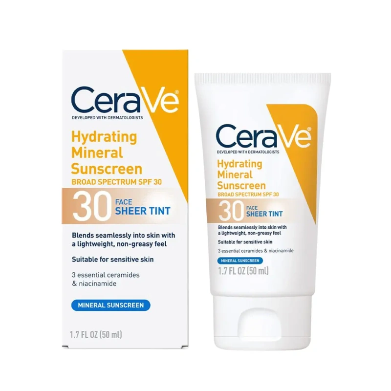 CeraVe Hydrating Mineral Sunscreen 50ml CeraVe Mineral Sunscreen 50ml bottle on display at GlowMyst