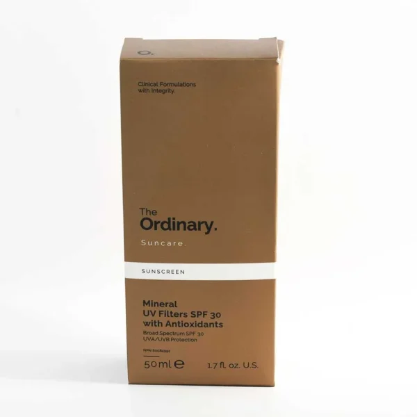 The Ordinary Mineral UV Filters SPF 30 bottle displayed at GlowMyst