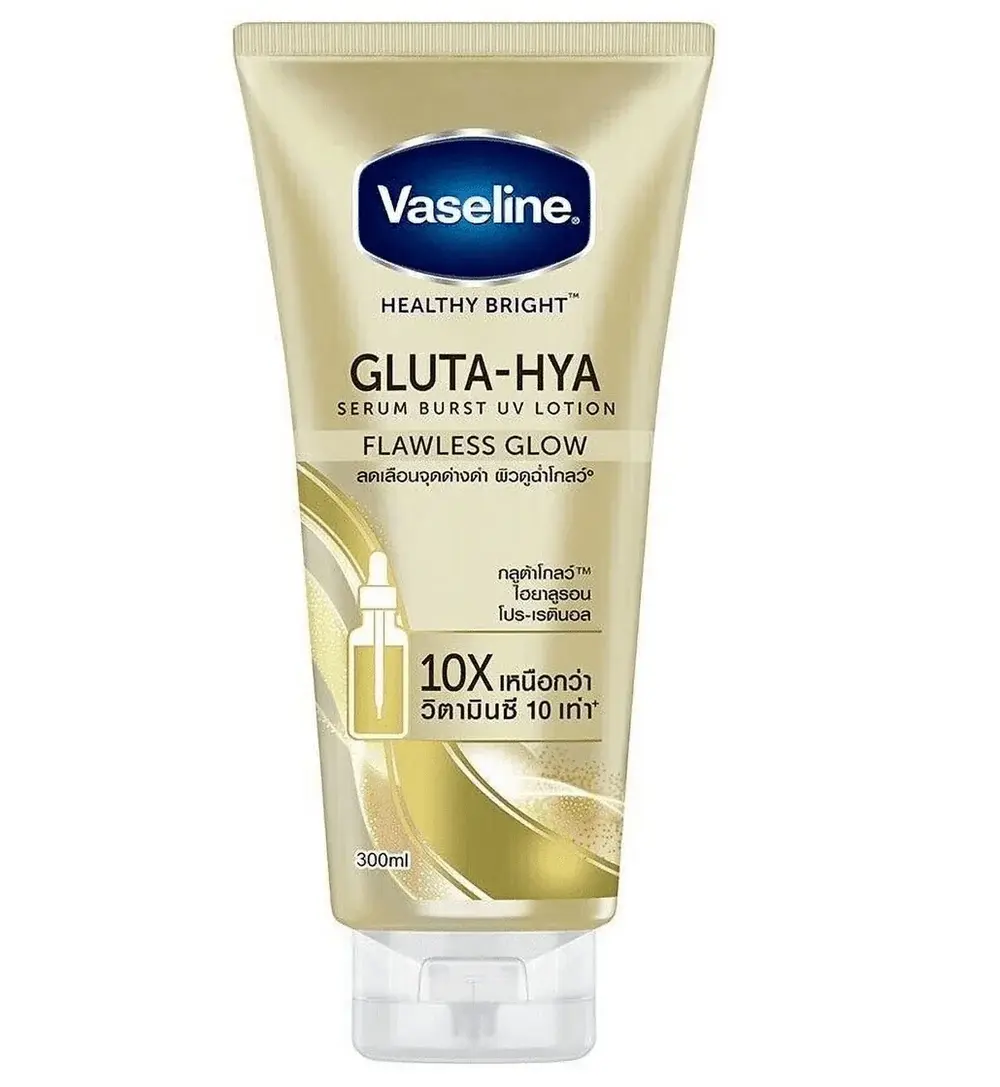 Vaseline-Gluta-HYA-Lotion-Flawless-Bright-330ml.webp Vaseline Flawless Bright Lotion 330ml bottle on display