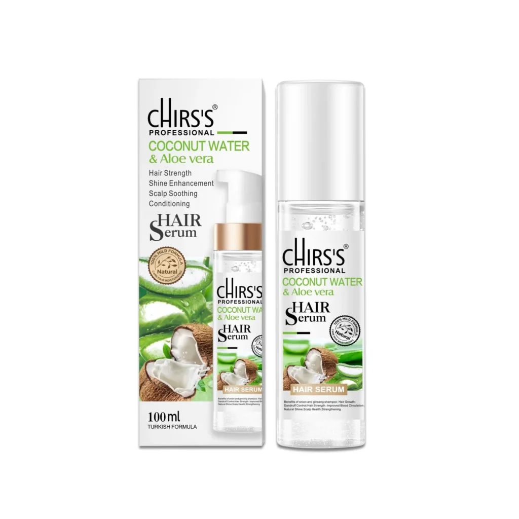 Chris's Coconut Aloe Vera Hair Serum bottle displayed against a clean aesthetic background