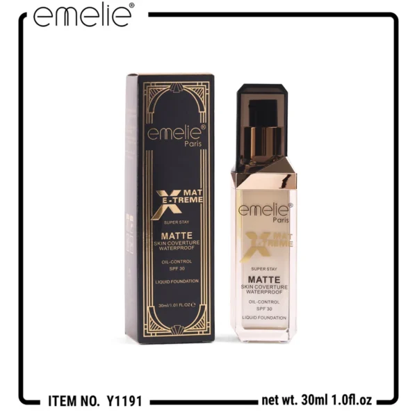 Emelie Matte Liquid Foundation bottle on display