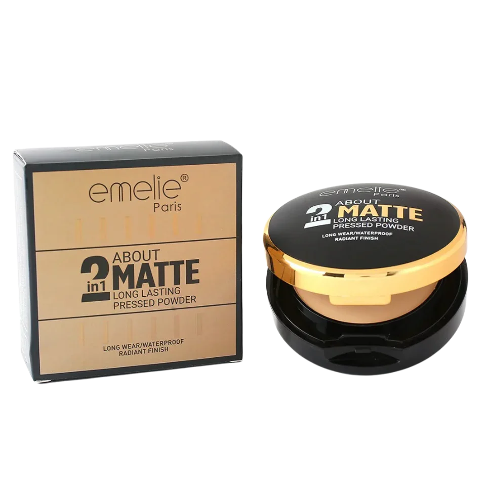 Emelie 2 in 1 Matte Pressed Powder Emelie Matte Pressed Powder compact case displayed on a clean background