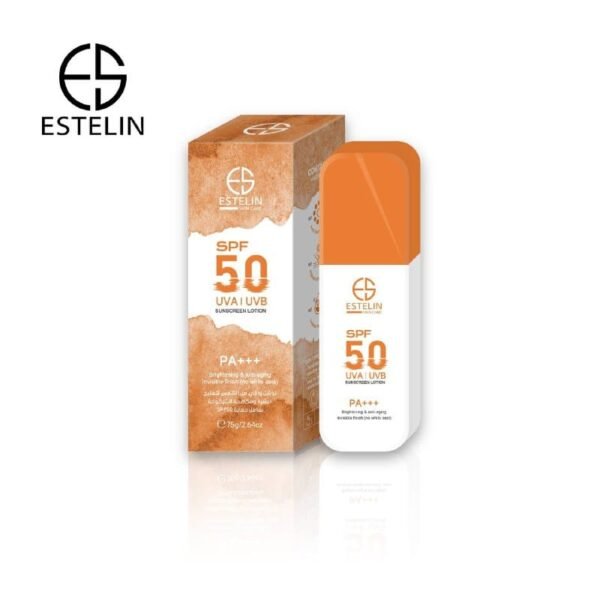 Estelin Brightening Sunscreen Lotion SPF50 bottle on display