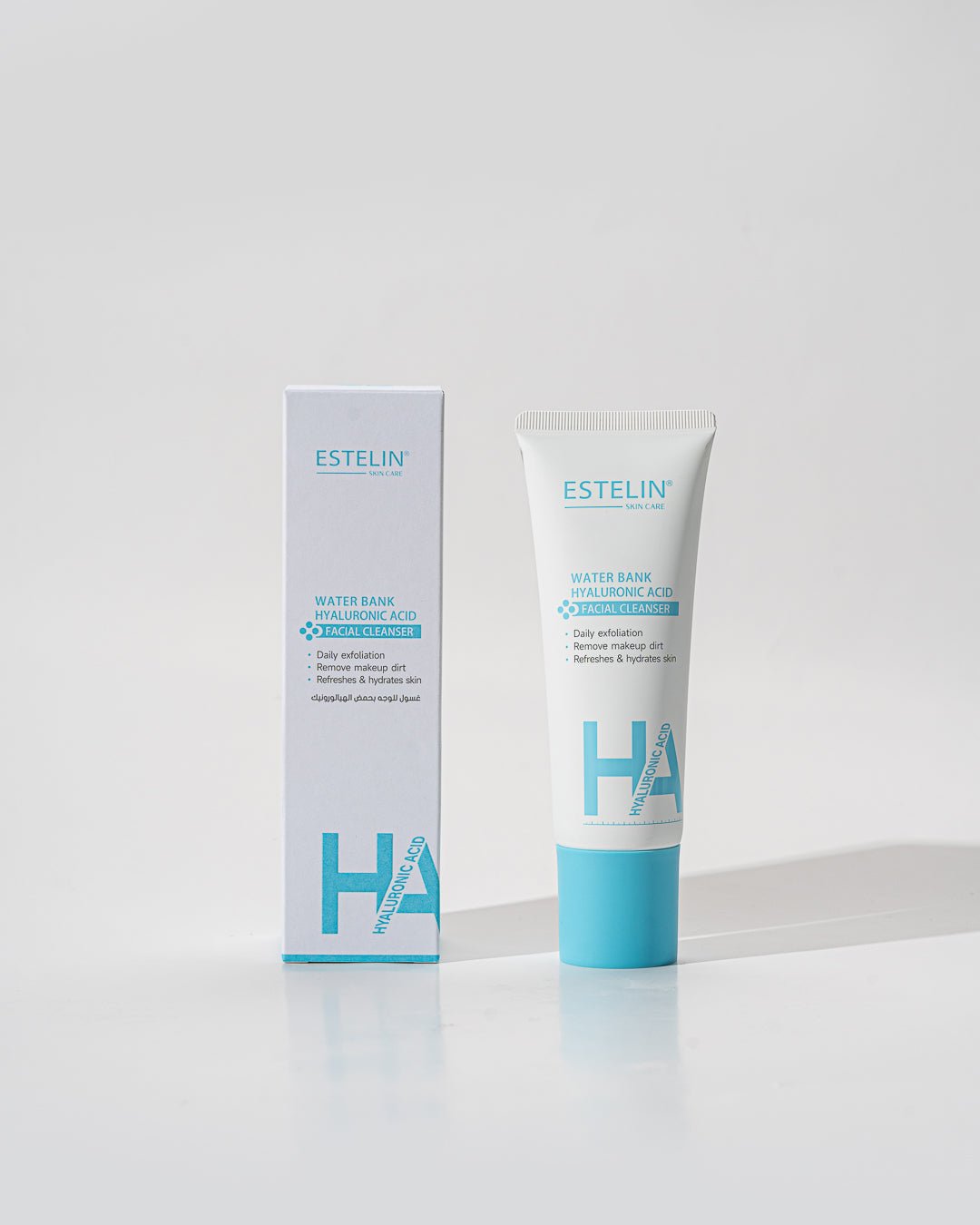 Estelin Water Bank Hyaluronic Acid Facial Cleanser 120g 4 Estelin Hyaluronic Acid Cleanser 120g tube on display