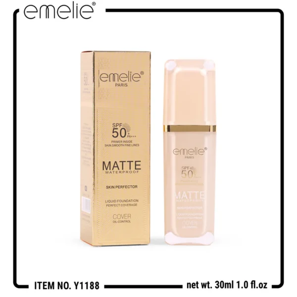Emelie SPF 50+ Foundation bottle on display at GlowMyst